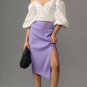 By Anthropologie Ruched Side-Slit Linen Midi Skirt